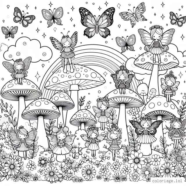 Imagine un peuple de petites fées vivant dans un royaume enchanté, au milieu des champignons géants et des fleurs qui scintillent. Les fées sont toutes différentes, certaines ont des ailes de papillon, d'autres ont des ailes de libellule. Il y a même une reine fée avec une couronne étincelante et une baguette magique. Le ciel est lumineux avec un grand arc-en-ciel et des papillons qui virevoltent partout. Donne vie à cette scène féerique en ajoutant tes couleurs préférées !