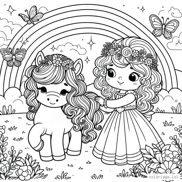 À travers un paysage enchanté, une petite princesse aux cheveux bouclés est en train de caresser doucement son poney magique. Des papillons colorés volent autour d'elle, tandis que l'arc-en-ciel brille au fond.