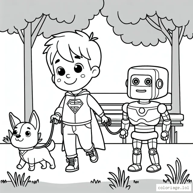 Un petit garçon en costume de super héros avec un chien robotique dans un parc
