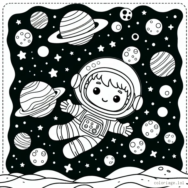 Un jeune astronaute flottant dans l'espace avec des planètes colorées autour de lui