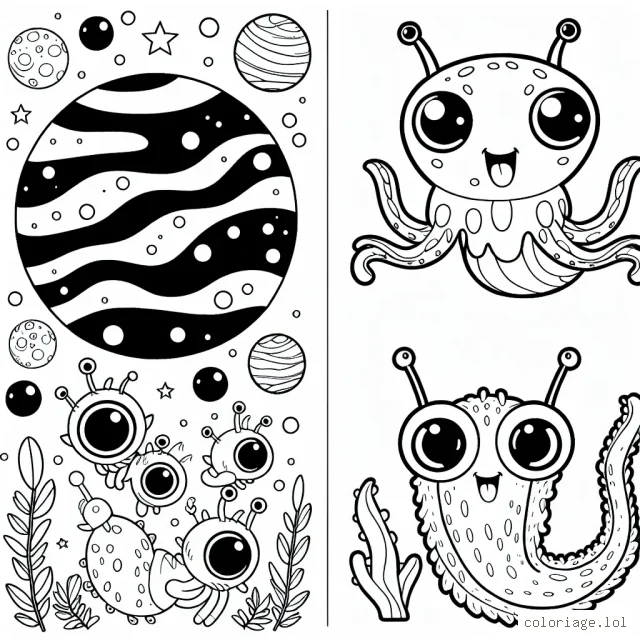 Dessine une planète inconnue haute en couleur peuplée de drôles de créatures extraterrestres