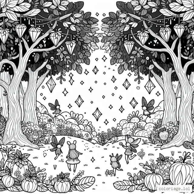 Un parc magique peuplé de fées et de créatures enchantées au milieu d'une forêt d'arbres aux fruits diamantés.