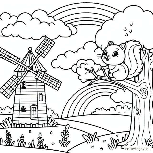 Sur une grande prairie, un écureuil grimpe sur la branche d'un arbre à côté d'un vieux moulin à vent. Dans le ciel, un arc-en-ciel illumine des nuages douillets.