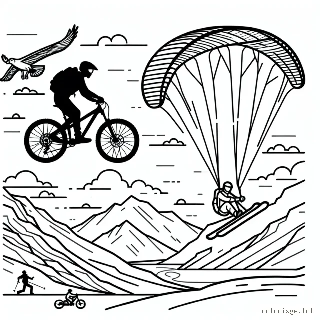 Dessine un vététiste dévalant une montagne abrupte, un parapentiste flottant dans le ciel bleu et un skieur freestyle réalisant un saut audacieux sur une rampe de neige.