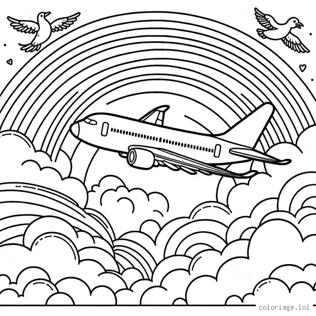 Imagine un avion de ligne volant dans le ciel nuageux avec un magnifique arc-en-ciel derrière lui. Rajoute aussi quelques oiseaux s'envolant avec l'avion.