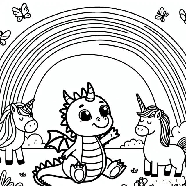 Un dragon gentil jouant dans un arc-en-ciel avec des licornes