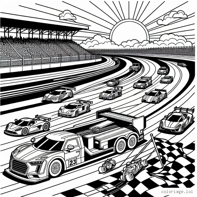 Invente une scène dynamique d'une course de voitures sur une piste de course serpentée. Il y aura des voitures de différentes formes et tailles, des camions de course, des voitures de sport et même des voitures de course futuristes. N'oublie pas d'inclure des détails tels que les lignes de la piste, les gradins remplis de spectateurs, des drapeaux à damier et pourquoi pas, un soleil brillant dans le ciel.