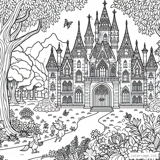 Un grand château élégant dans une forêt enchantée avec des créatures fantastiques et des fleurs éclatantes