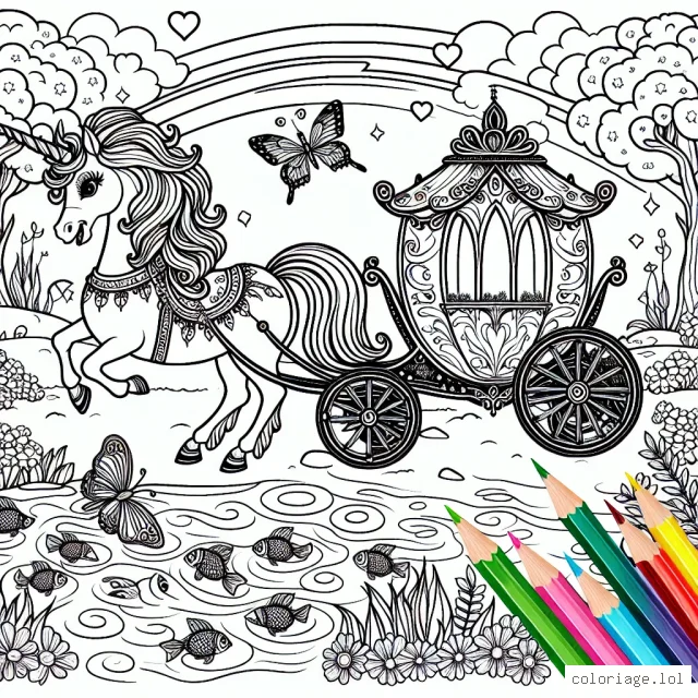 Dans un pays merveilleux se trouve un carrosse licorne majestueux chaperonné par des petits papillons. Au détour d'une rivière arc-en-ciel, tu découvriras une petite fée espiègle éclaboussant avec joie les poissons multicolores. Belles fleurs et plantes enchantées orneront les rives. Prépare tes crayons pour donner vie à cette scène féerique.