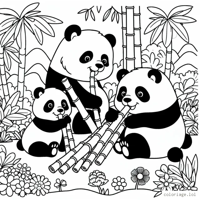 Une famille de pandas mangent des tiges de bambou dans un forêt tropicale rempli de fleurs colorées et d'autres animaux exotiques.