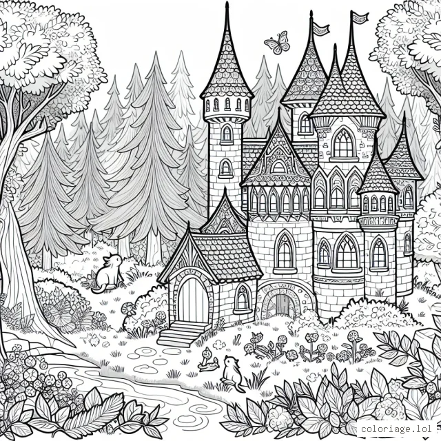 Un château enchanté au milieu d'une forêt peuplée d'animaux magiques