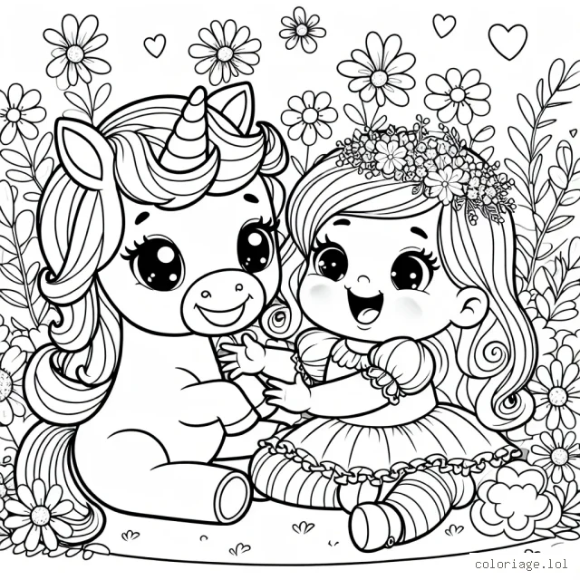 Une petite princesse joue avec son adorable licorne dans un jardin fleuri