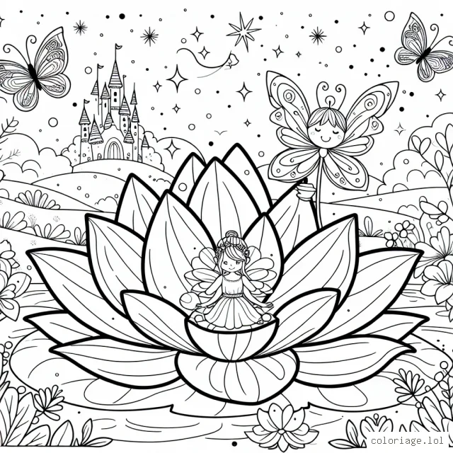 Dans un monde merveilleux de fées, une petite fille fée est assise sur une fleur de lotus géante. Elle est entourée de papillons scintillants avec un château magique dans le lointain.