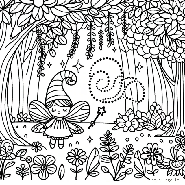 Une forêt enchantée peuplée de créatures magiques et remplies de fleurs colorées, abritant une petite fée au chapeau pointu tenant une baguette magique luisante.