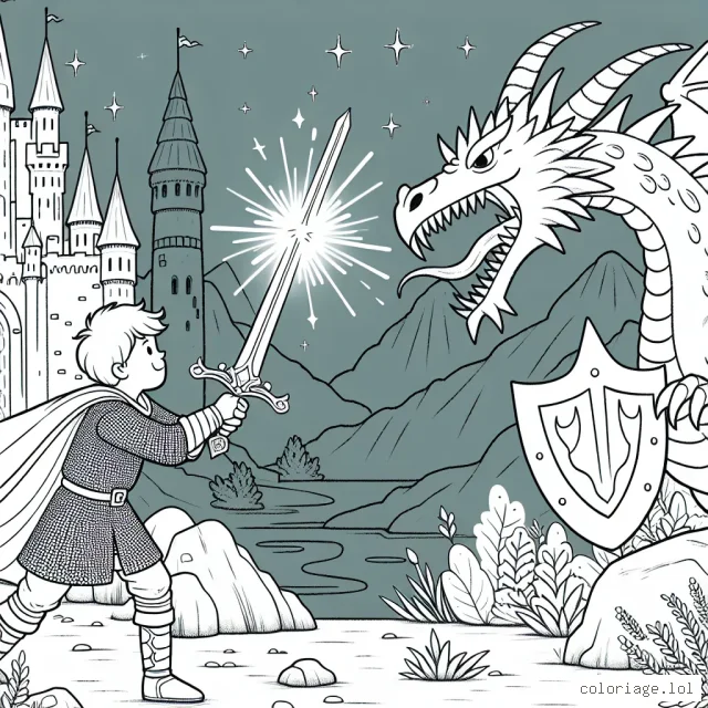 Un jeune courageux chevalier tenant une épée étincelante, se prépare à combattre un dragon cracheur de feu, ils sont près d'un château majestueux
