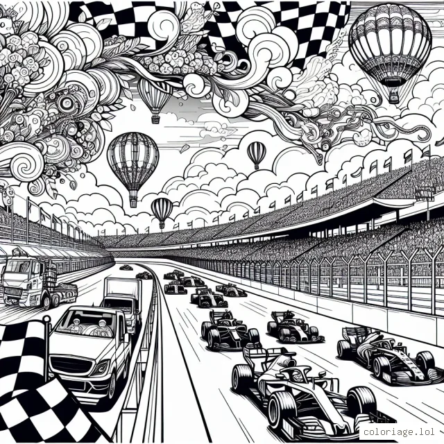 Visualise une scène d'un jour de course palpitant sur une piste de course animée. Il y a une gamme variée de voitures de course vives et détaillées se disputant la première place. Tu peux voir des camions de soutien au bord de la piste, une multitude de drapeaux ondulant et un ciel époustouflant rempli de montgolfières. Ton défi est de rendre cette scène aussi colorée et excitante que possible!