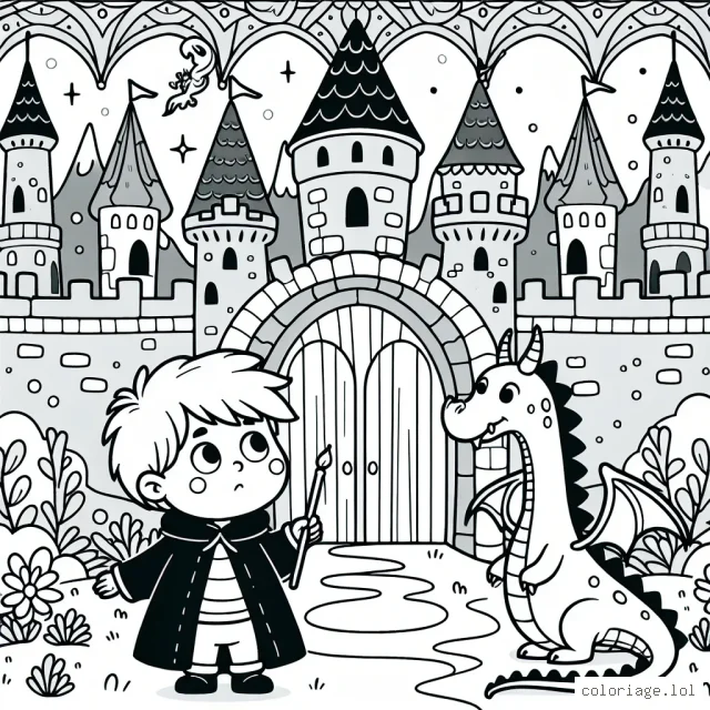 Un petit garçon qui explore un château enchanté avec son ami dragon.