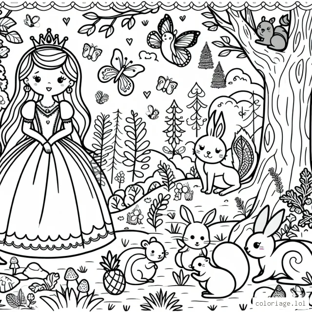 Une princesse dans une forêt enchantée avec des animaux de la forêt comme des écureuils, des lapins et des oiseaux qui l'accompagnent.