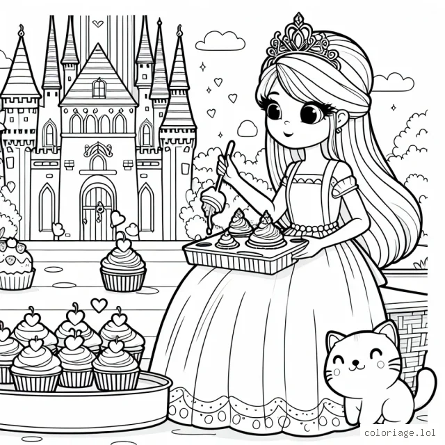 Princesse Laura préparant des cupcakes dans son château magique enchanteur avec son petit chat rose
