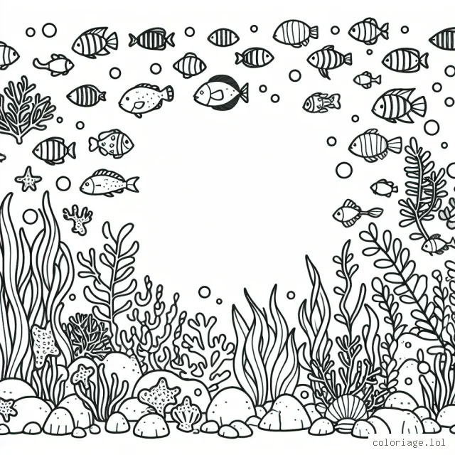 Un aquarium imaginaire avec une myriade de poissons colorés, d'algues et de coraux. Si tu étais un poisson, à quoi ressemblerait ta maison sous-marine idéale ?