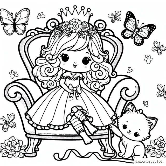 Une princesse aux cheveux bouclés est assise sur un trône doré en forme de fleur, avec un chaton à ses pieds qui joue avec les rubans de sa robe. Papillons et oiseaux chantent autour d'elle.