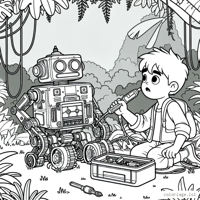 Un petit garçon répare un vieux robot avec une mallette d'outils en plein milieu d'une jungle verdoyante.