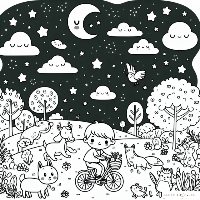 Un petit garçon chevauche son vélo à travers un parc animé avec des animaux sympathiques et un magnifique ciel étoilé au-dessus.