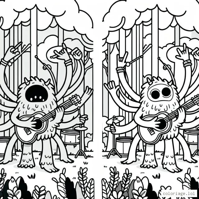 Un gentil monstre à quatre bras joue un concert rock dans la forêt magique
