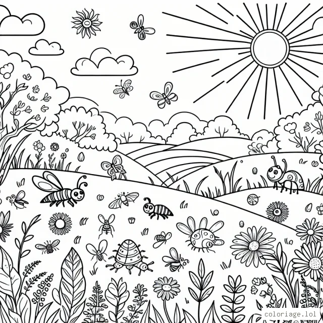 Un voyage d’exploration dans l’univers coloré des insectes. Le coloriage montre une scène d’une prairie ensoleillée avec différents insectes et petits animaux qui y vivent.