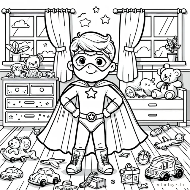 Un petit garçon qui joue au super-héros dans sa chambre, entouré de ses jouets préférés, porte un costume brillant, avec une cape volante à l'arrière, un masque et une ceinture avec une étoile. Il est debout avec une pose confiante, montrant ses muscles. Inclure plusieurs jouets autour de lui: dinosaures, voitures, avions, ours en peluche, blocs de construction.