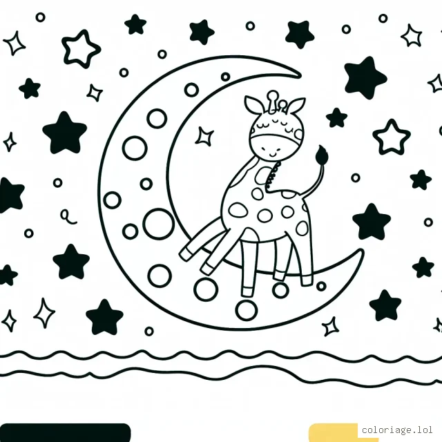 La girafe qui danse sur une lune en forme de fromage gruyère avec des étoiles lumineuses.