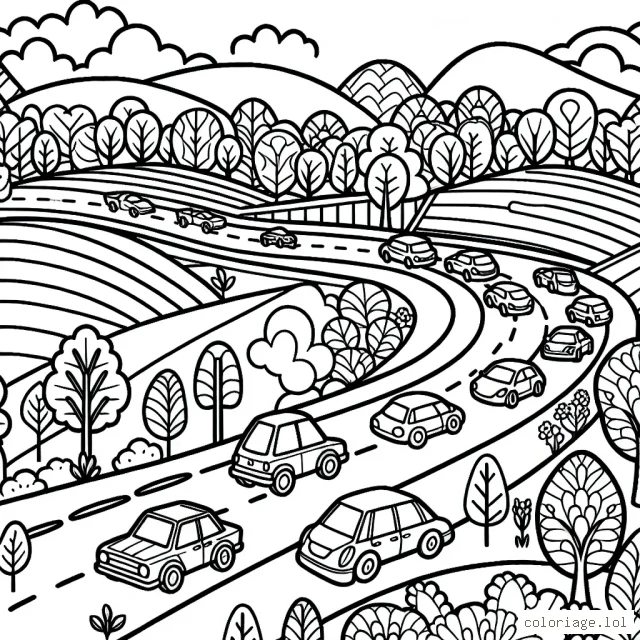 Dessine une parade de voitures colorées sur une route sinueuse avec un beau paysage en arrière-plan. N'oublie pas d'ajouter du détail à chaque voiture et de remplir le paysage avec des arbres, des champs et un beau ciel bleu !