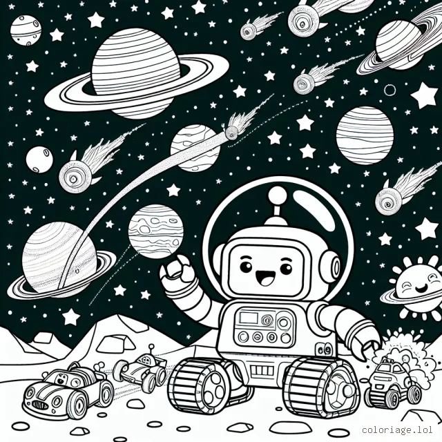 Un joyeux petit robot jouant avec une collection de voitures spatiales colorées sur une planète lointaine dans l'univers. Le robot est illustré en train de rire aux éclats tandis qu'il fait la course avec ses voitures sur des anneau de Saturne. Des étoiles, comètes et planètes lointaines parsèment l'arrière-plan, créant une ambiance d'aventure spatiale.