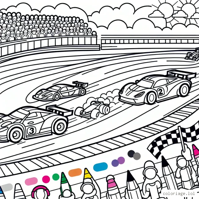 Un dessin se dessine sur une grande feuille de papier, montrant une excitante course de voitures sur un circuit sinueux. Trois voitures de courses de couleurs différentes sont en pleine compétition et sont positionnées de telle manière que les enfants peuvent choisir les couleurs pour chaque voiture. Il y a aussi des spectateurs dans les gradins et un ciel brillant avec le soleil à colorier.