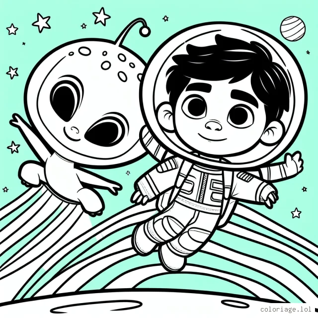 Un astronaute jeune et courageux survolant une planète arc-en-ciel avec son fidèle compagnon alien vert