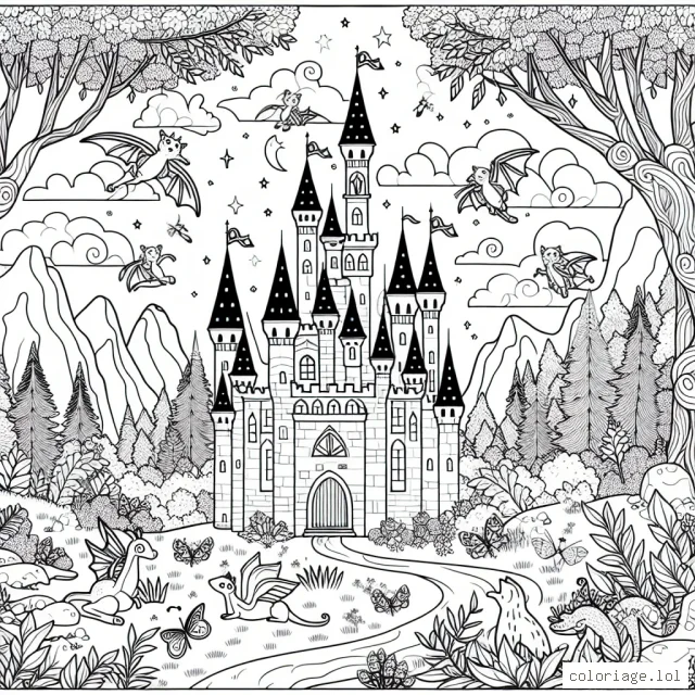 Le mystérieux château dans la forêt enchantée avec des créatures fantastiques