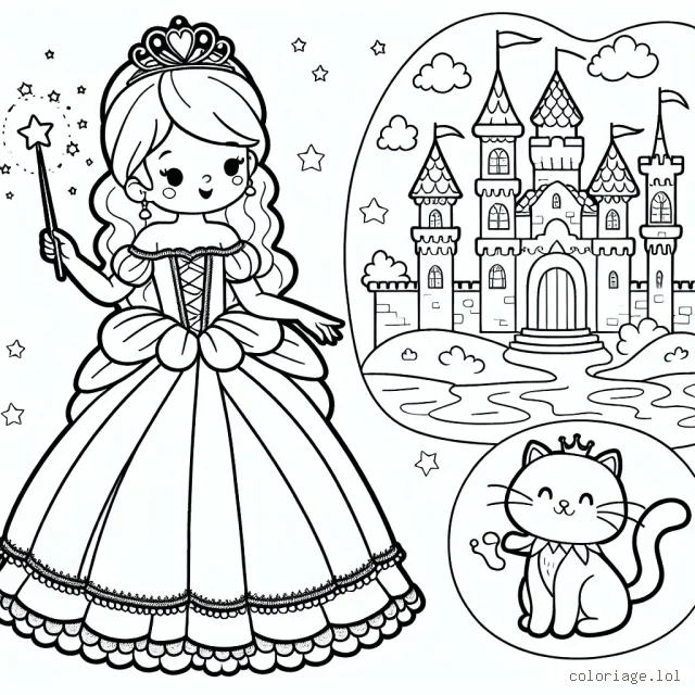 Dessine une princesse avec sa robe à volants, tenant une baguette magique et jouant avec son petit chat dans son magnifique château.