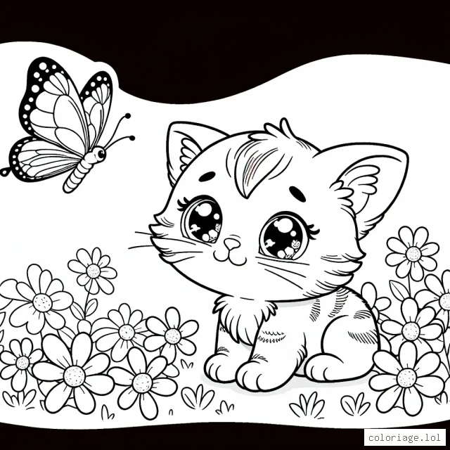 Un petit chat vif aux grandes oreilles et aux yeux scintillants tente de s'approcher d'un beau papillon coloré qui vole au-dessus d'un champ de fleurs printanières.
