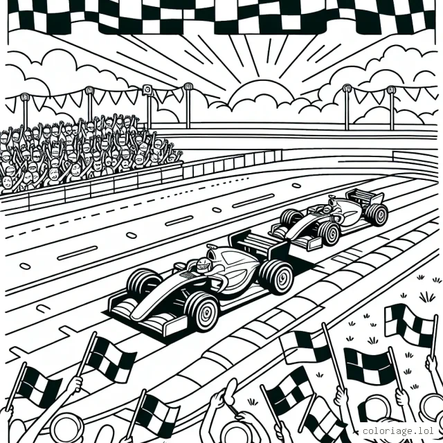Imagine un dessin pour enfants, représentant une scène animée de voitures de course sur un circuit avec des fans qui les encouragent. Il doit être plein de détails à colorer : les voitures elles-mêmes, les fans, le ciel, l'herbe autour du circuit, etc.
