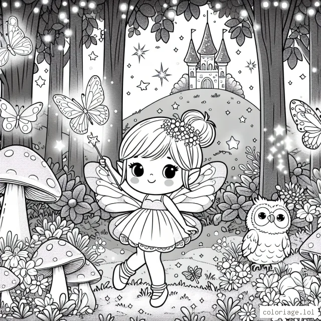 Une petite fée adorable se promène dans une forêt enchantée, peuplée de créatures magiques et mystérieuses. Elle tient sa baguette scintillante, prête à accomplir un sort magique. Elle est entourée de papillons étincelants, de champignons lumineux, d'un hibou éveillé et d'un picori espiègle. À distance, on peut apercevoir son château féerique au sommet d'une colline couverte de fleurs chatoyantes.