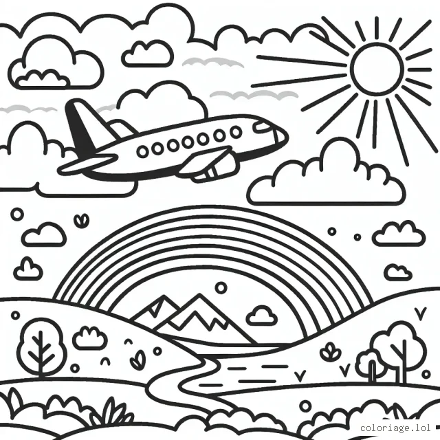 Imaginer un dessin comportant un avion volant haut dans le ciel avec des nuages, le soleil brille et il y a un arc-en-ciel. L'avion a des fenêtres à travers lesquelles on peut voir des passagers. Sous l'avion, il y a un paysage avec des montagnes, des arbres et une rivière.