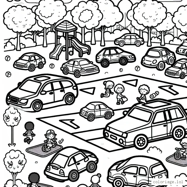 Un parc de stationnement rempli de voitures de différentes formes et tailles avec des enfants jouant autour.