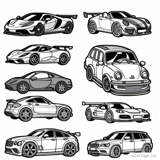 Dans ce dessin, vous pouvez voir différentes voitures distinguées par marque. Il y a une grande variété de marques, dont BMW, Mercedes-Benz, Audi, Volkswagen, et Ferrari. Saurez-vous identifier chaque marque en coloriant soigneusement chaque voiture en respectant les couleurs classiques associées à chaque marque?