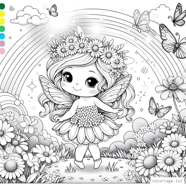 C'est un bel après-midi ensoleillé dans un jardin enchanté. Au millieu, une petite fée est en train de distribuer de la magie aux fleurs autour d'elle. Cette scène est remplie avec de beaux papillons colorés qui tourbillonnent dans l'air. La fée a de longs cheveux ondulés, une petite robe en pétales de fleurs et de jolies petites ailes de libellule. Un arc-en-ciel s'étend à l'horizon, ajoutant une touche de couleur magnifique à cette scène