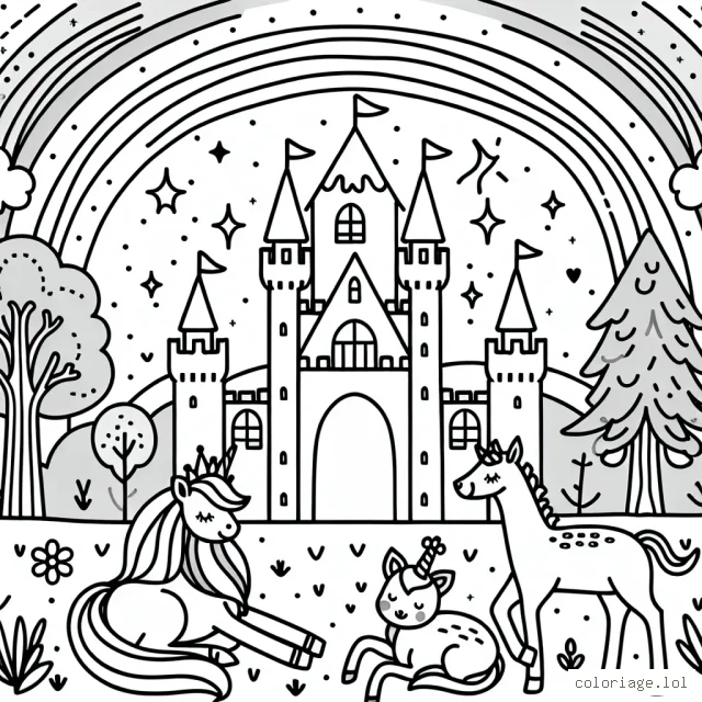 Un majestueux château de princesse entouré de doux animaux de la forêt sous un arc-en-ciel brillant