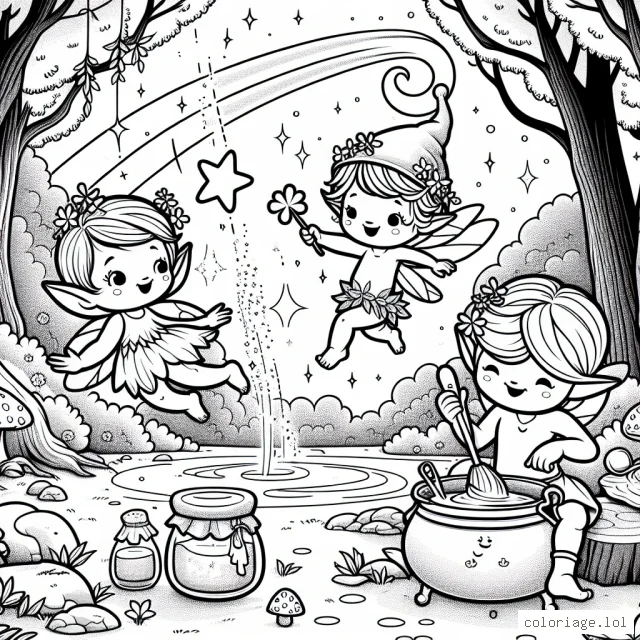 Une famille de lutins joue dans la forêt enchantée ; le père lutin fait de la balançoire sur une étoile filante pendant que la mère lutin prépare une délicieuse confiture de lune. Leurs deux enfants lutins font une bataille de trèfles à quatre feuilles à côté d'un ruisseau de diamants scintillants.