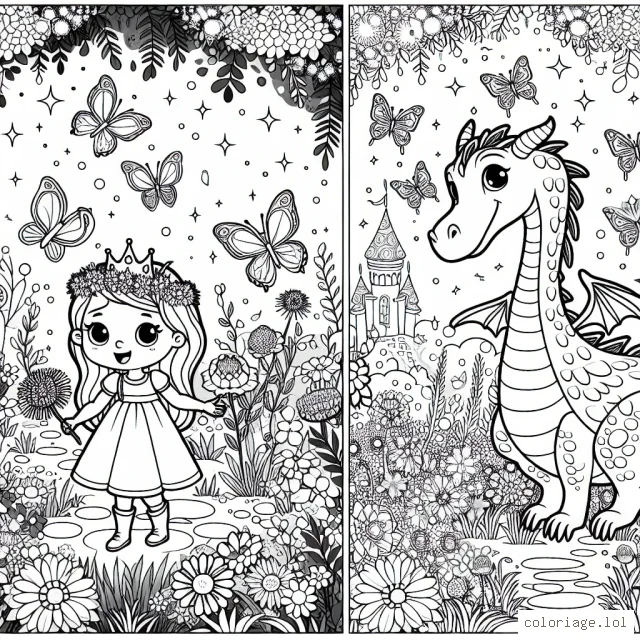 Une princesse qui fait une promenade avec son meilleur ami, le dragon, dans un royaume fantastique rempli de fleurs magiques et de papillons étincelants.