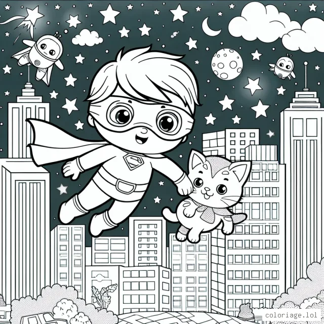 Un petit garçon courageux, portant une cape de super-héros, vole au-dessus d'une ville animée, sauvant un joli chaton coincé sur un gratte-ciel. De malicieux extraterrestres tentent de lui barrer la route. Un ciel nocturne parsemé d'étoiles brille au loin.