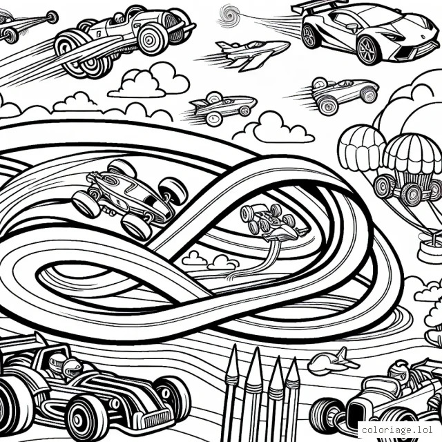Imaginez une scène de course de voitures fantastiques, avec des voitures qui volent, d'autres qui roulent sur des rails en spirale dans le ciel, certaines qui glissent sur l'eau et d'autres encore qui rampent sur la terre. Chaque voiture pourrait avoir une forme et des caractéristiques uniques. Votre tâche est de donner vie à cette scène par le biais de la couleur!