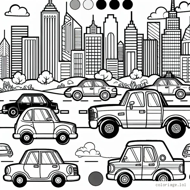 Crée un coloriage sur le thème de voitures animées dans un paysage urbain.